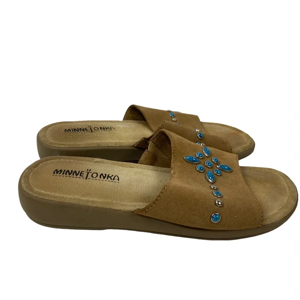 Minnetonka Tan Brown Suede Leather Slides Sandals Turquoise size 8